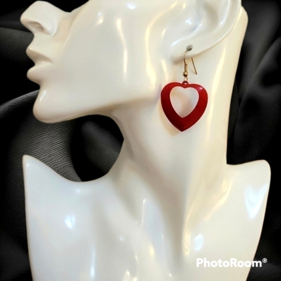 3/$20 Red Metal Creole Cut-out Heart Dangle Earrings - Picture 1 of 5
